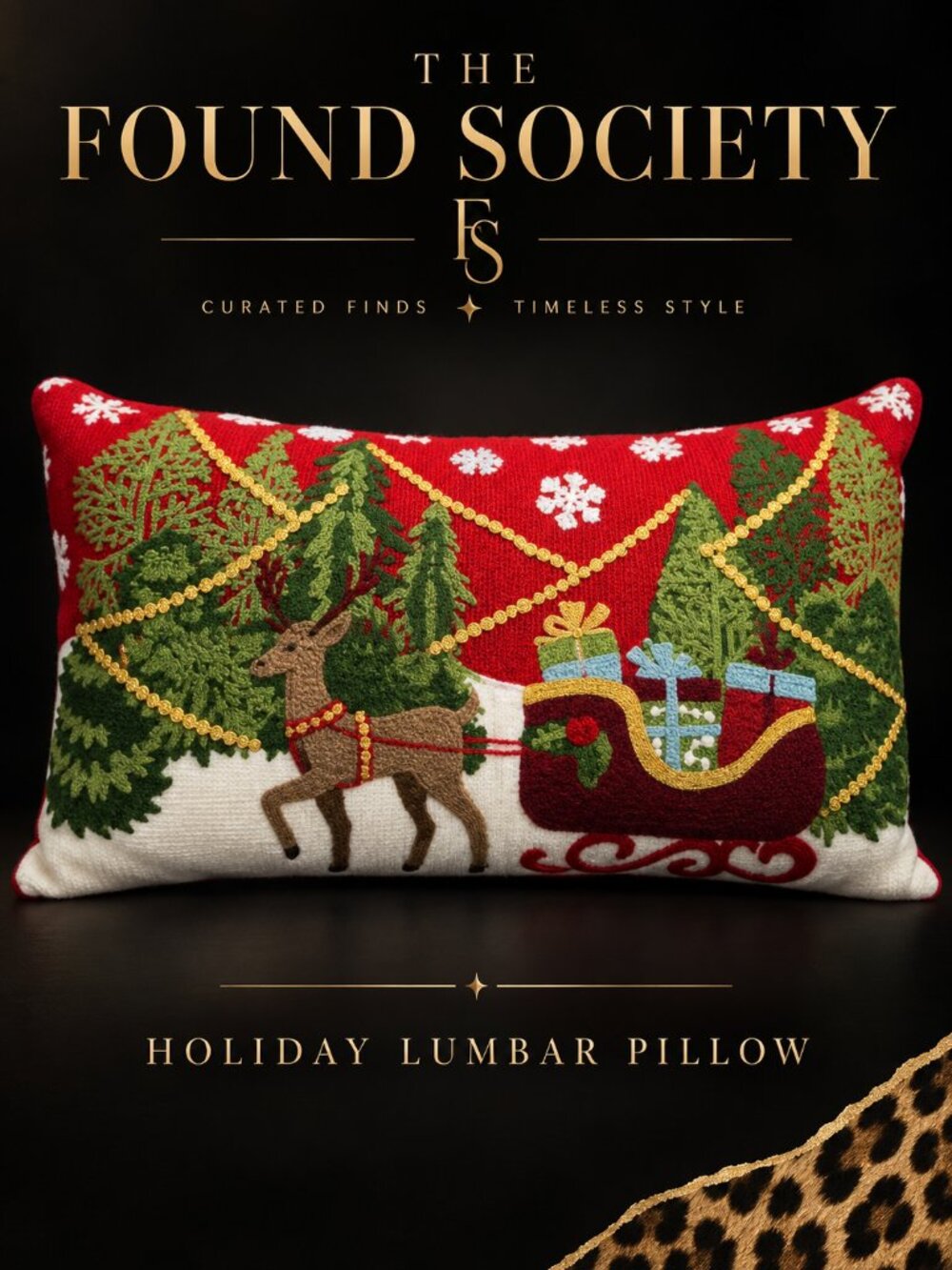 Envogue Holiday Christmas Reindeer Sleigh Embroidered Lumbar Pillow 22x12